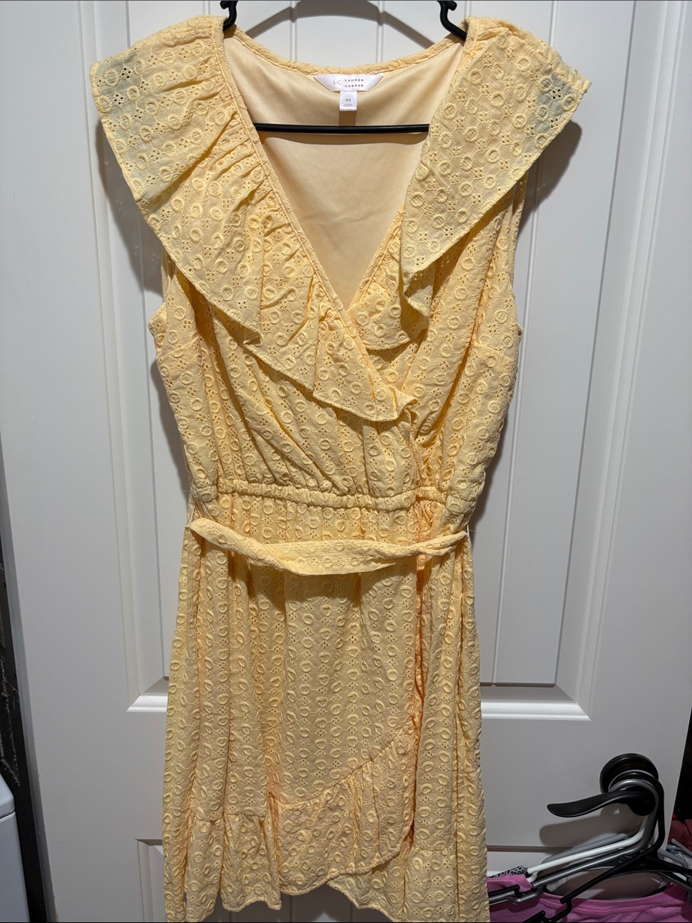 LC Lauren Conrad Pale Yellow Eyelet Ruffle Wrap Mini Dress